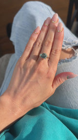 2.57ct Untreated Blue Wide Trillion Montana Sapphire and Antique Diamond Mountainscape Ring in 14k Yellow Gold