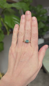 2.17ct Trillion Teal Blue Untreated Montana Sapphire and Antique Diamond Mountainscape Ring in 18k Yellow Gold