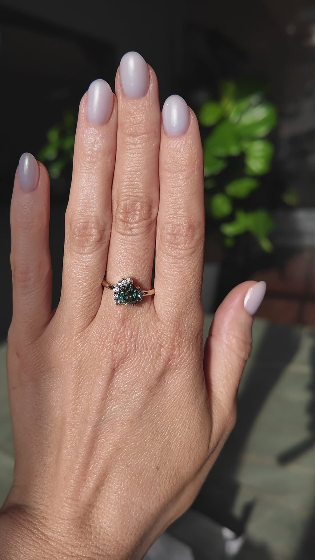 1.79ct Pear Deep Teal Green-Blue Sapphire and Diamond Asymmetrical Cluster Ring in Two Tone 14k Yellow and 14k White Gold