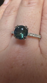 1.50ct Round Untreated Teal Blue Sapphire Double Prong Solitaire with French Set Diamonds in Platinum