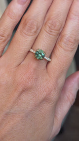 1.97ct Untreated Round Nigerian Teal Green Sapphire Double Prong Solitaire with Pave Set Diamonds in 18k Yellow Gold