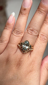 3.29ct Untreated Moval Montana Sapphire and Trillion Australian Sapphire Three Stone Scallop Cup Antique Style with Milgrain Low Profile Ring in 18k Yellow Gold