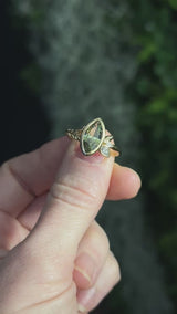 1.82ct Green Untreated Montana Marquise Sapphire in Wandering Vine Low Profile Bezel Setting with Pear Diamond in 14k Yellow Gold