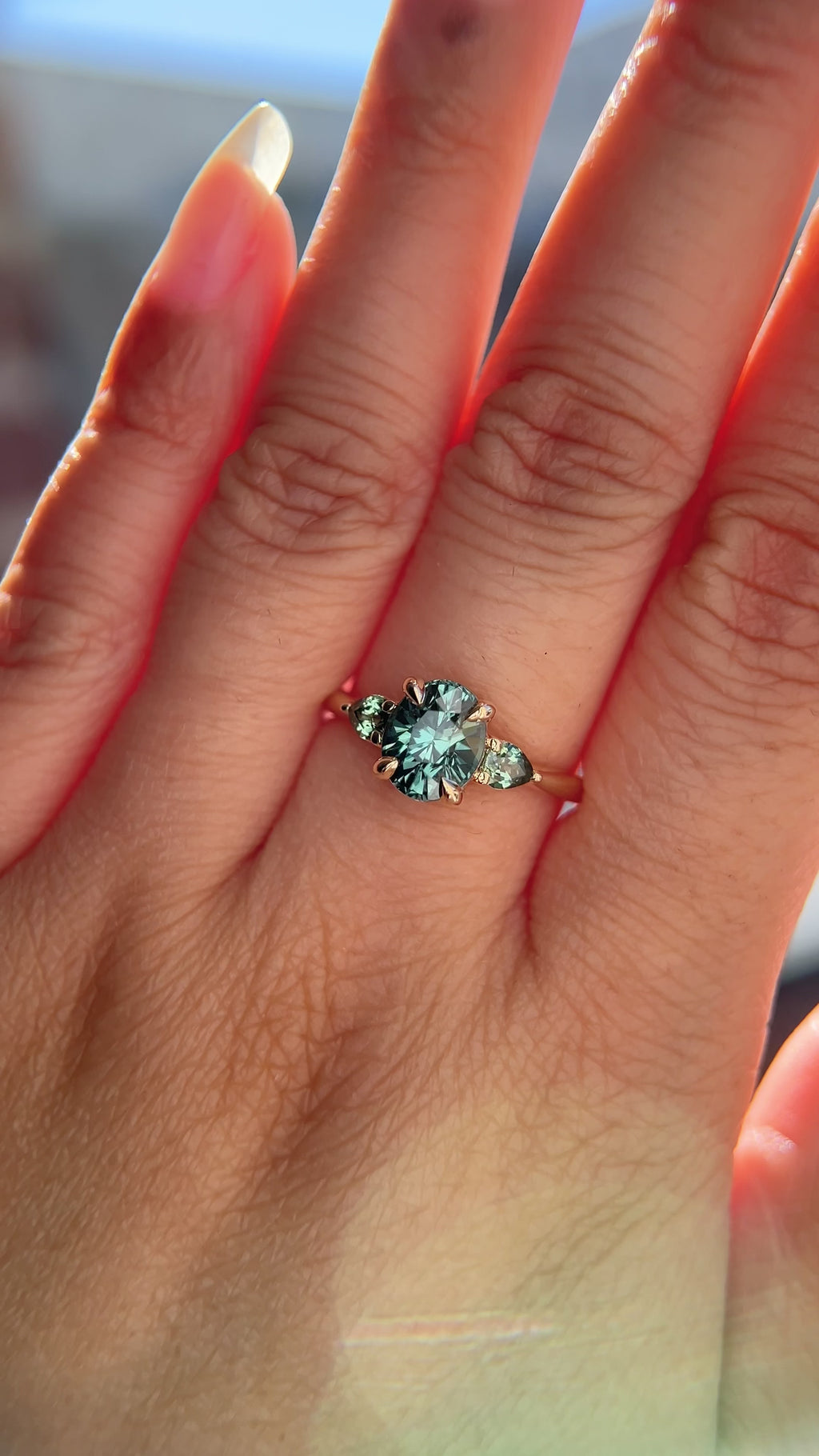 1.92ct Oval Untreated Madagascar Teal Sapphire and Pear Sapphire Antique Low Profile Prong Set Ring in 14k Yellow Gold