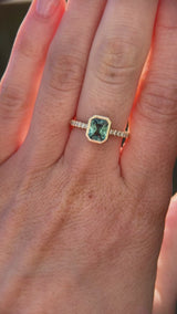 1.27ct Radiant Cut Madagascar Teal Sapphire Low Profile Bezel Solitaire Ring with French Set Diamonds in 14k Yellow Gold