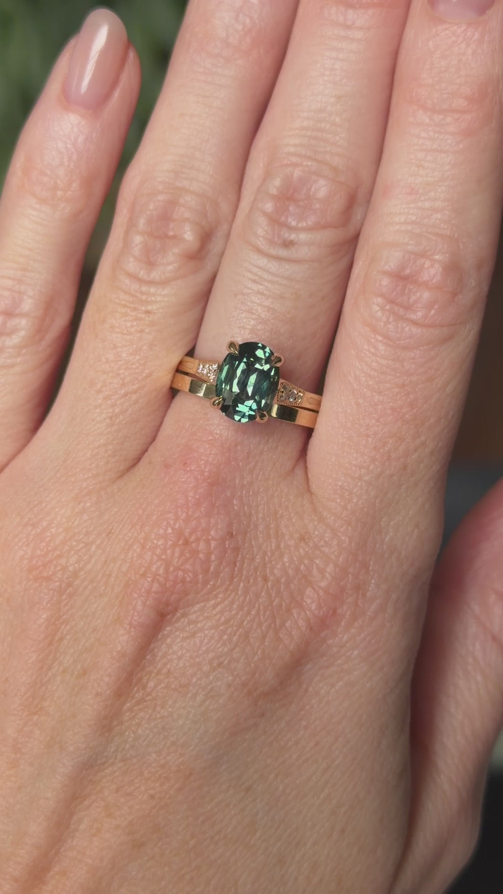 3.22ct Teal Oval Madagascar Sapphire and Diamond Vintage Cathedral Four Prong Ring in 14k Yellow Gold