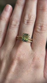 3.01ct Madagascar Parti Radiant Cut Sapphire Double Prong Evergreen Carved Stackable Solitaire in 14k Yellow Gold