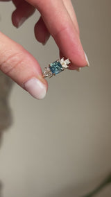 2.03ct Silky Medium Teal Radiant Cut Sapphire and Marquise Diamond Cluster Ring in 14k Yellow Gold