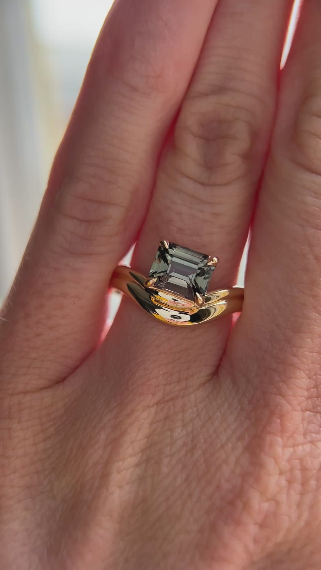 1.65ct Emerald Cut Color Shifting Madagascar Sapphire Prong Set Ripple Contour Solitaire in 14k Yellow Gold