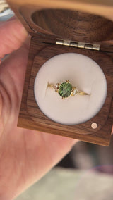 1.70ct Green Kenyan Fantasy Cut Sapphire and Diamond Antique Milgrain Three Stone Low Profile Ring in 18k Yellow Gold