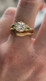 0.96ct Antique Old Mine Cut Diamond and Trillion Seafoam Montana Sapphire Antique Style Compass Set Low Profile Ring with Milgrain in 18k Yellow Gold