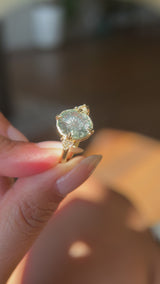 3.05ct Untreated Fantasy Cut Green Sapphire and Diamond Three Stone Antique Compass Style Low Profile Ring in 18k Yellow Gold