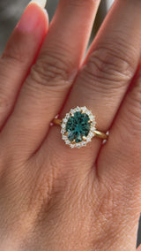 2.32ct Oval Teal Songean Sapphire Antique-Style Diamond Halo Ring in 18k Yellow Gold