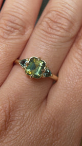 1.86ct Emerald Cut Parti Madagascar Sapphire and Trillion Sapphire Compass Set Low Profile Ring in 18k Yellow Gold