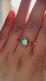 2.06ct Round Untreated Teal Montana Sapphire Hidden Halo Low Profile Evergreen Carved Four Prong Solitaire in 14k Yellow Gold