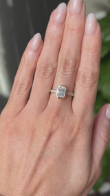 2.10ct Untreated Opalescent Radiant Cut Sapphire Low Profile Bezel Solitaire Ring with Pavé Set Diamonds in 14k Yellow Gold