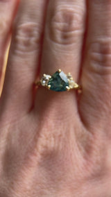2.17ct Trillion Teal Blue Untreated Montana Sapphire and Antique Diamond Mountainscape Ring in 18k Yellow Gold
