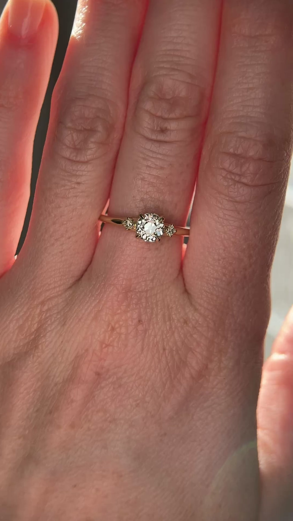 0.68ct Antique Old Mine Cut Diamond and Princess Cut Diamond Rapids Low Profile Ring in 18k Yellow Gold