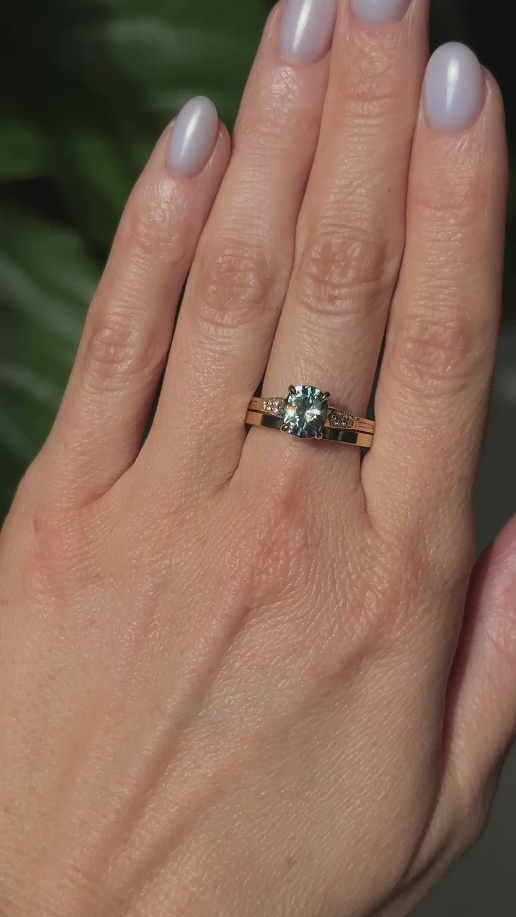 1.74ct Fancy Elongated Cushion Parti Teal Blue Montana Sapphire and Diamond Vintage Cathedral 4 Prong Solitaire in 14k Yellow