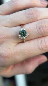 2.0ct Untreated Roval Teal Green Sapphire and Diamond Asymmetrical Cluster Ring in 14k Yellow Gold