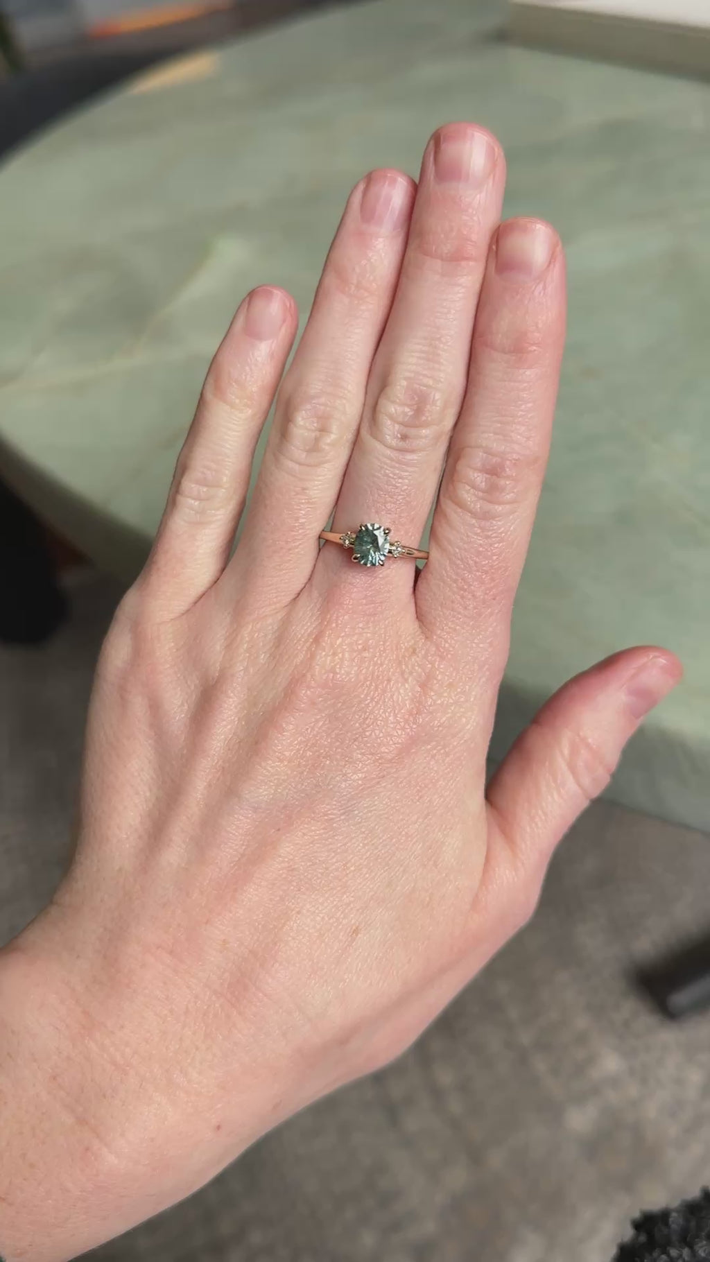 1.20ct Oval Brilliant Teal Montana Sapphire and Princess Cut Diamond Rapids Low Profile Ring in 14k Yellow Gold