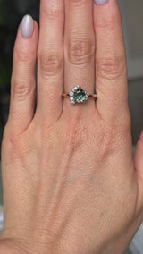 1.79ct Pear Deep Teal Green-Blue Sapphire and Diamond Asymmetrical Cluster Ring in Two Tone 14k Yellow and 14k White Gold