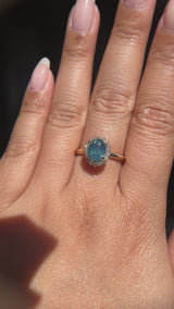 1.63ct Oval Untreated Madagascar Teal Sapphire Antique-Style Diamond Halo Ring in 14k Yellow Gold