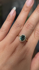 2.32ct Oval Teal Songean Sapphire Antique-Style Diamond Halo Ring in 18k Yellow Gold