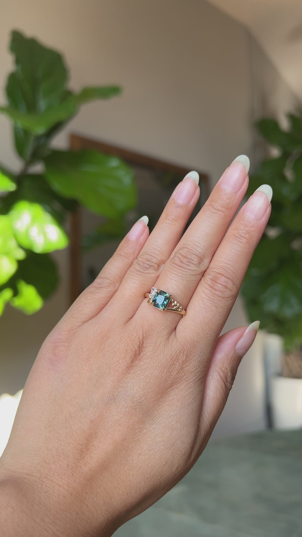 1.65ct Teal Blue Radiant Cut Madagascar Sapphire in Wandering Vine Low Profile 4 Prong Setting with Diamonds in 14k Yellow