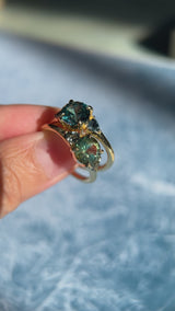 1.50ct Round Parti Yellow Blue Precision Cut Montana Sapphire and Trillion Sapphire Low Profile Three Stone Ring in 18k Yellow Gold