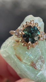 3.10ct Cushion Cut Untreated Umba Teal Green Sapphire Scalloped Diamond Cluster Ring in 14k Yellow Gold
