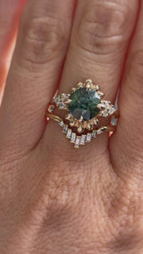 3.10ct Cushion Cut Untreated Umba Teal Green Sapphire Scalloped Diamond Cluster Ring in 14k Yellow Gold