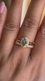 1.11ct Oval Untreated Montana Sapphire Hexagon Diamond Halo Stackable Ring in 14k Yellow Gold