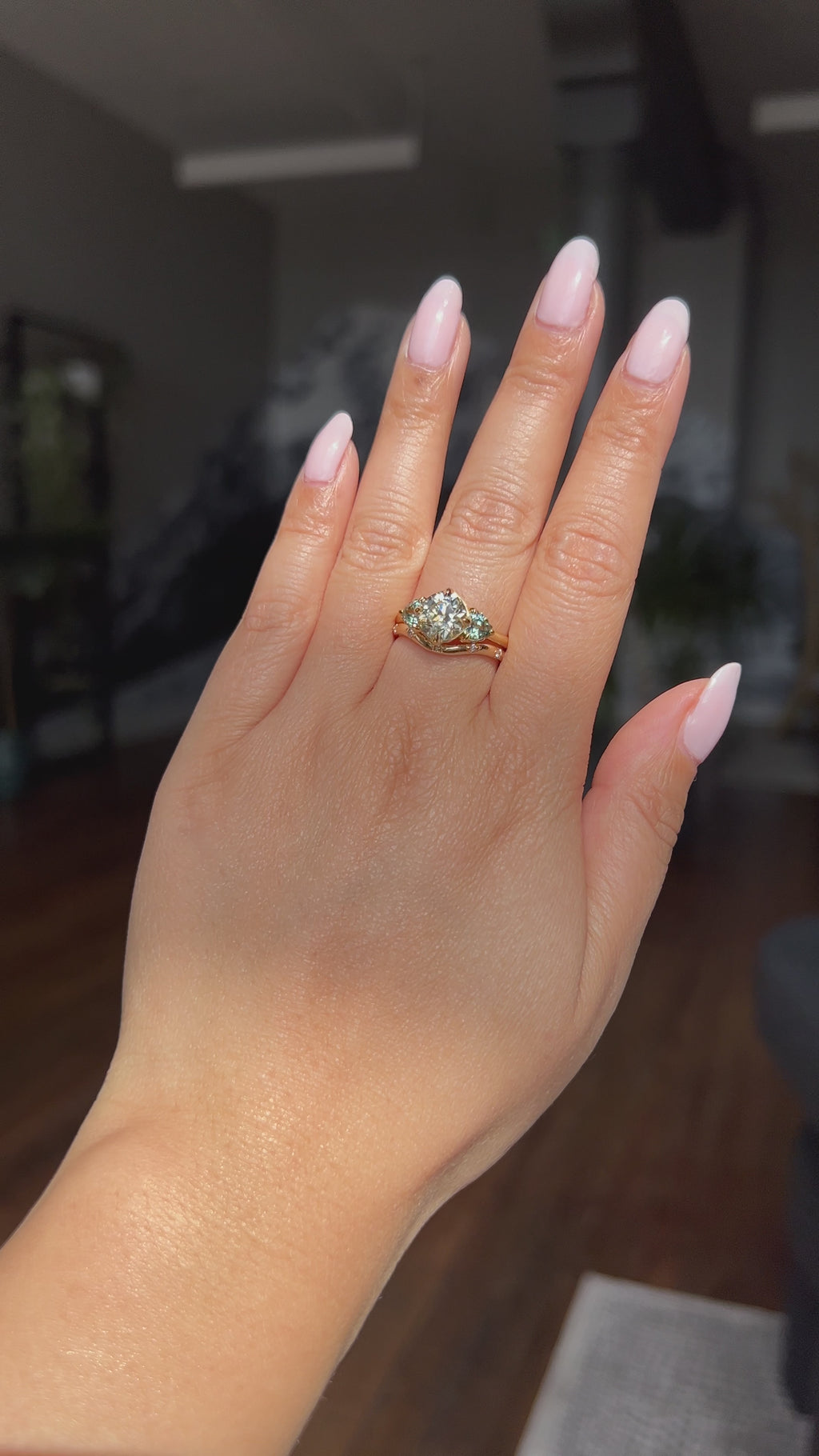 1.64ct Vintage Transitional Cut Diamond and Trillion Australian Sapphire Antique Style Compass Set Low Profile Ring with Scallop Details in 18k Yellow Gold