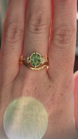 1.70ct Green Kenyan Fantasy Cut Sapphire and Diamond Antique Milgrain Three Stone Low Profile Ring in 18k Yellow Gold