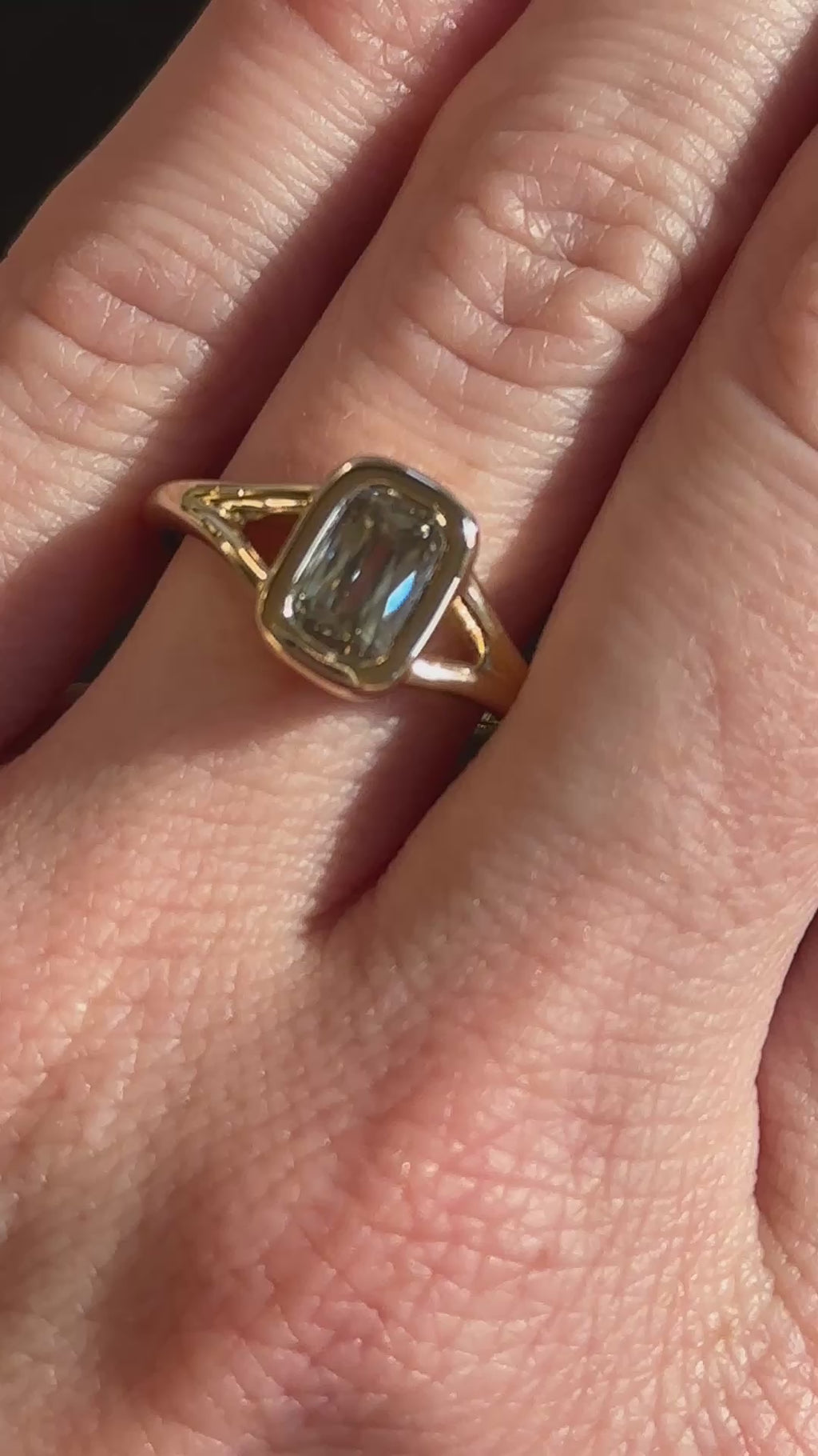 1.36ct Unique Cushion Cut Grey Champagne Diamond Split Shank Bezel Set Ring in 14k Yellow Gold