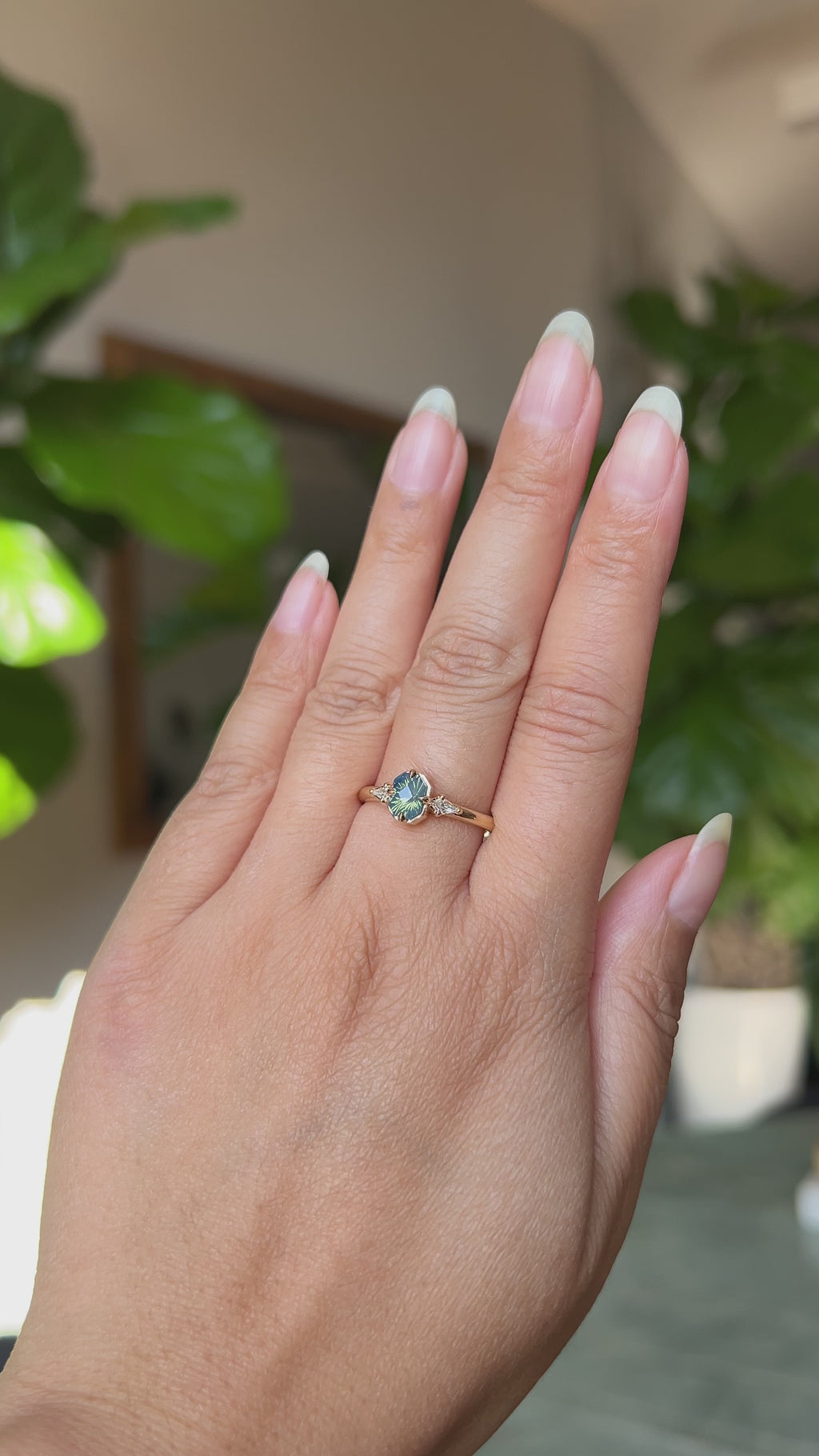 0.89ct Untreated Opalescent Seafoam Teal Speciality Fantasy Cut Sapphire and Kite Diamond Compass Set Three Stone Low Profile Ring in 14k Yellow Gold