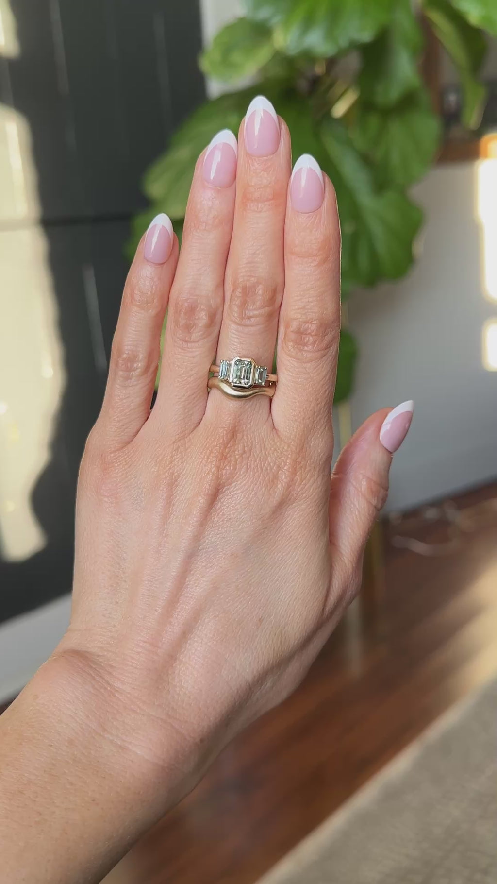 1.29ct Bezel Set Emerald Cut Untreated Montana Sapphire and Montana Sapphire Sides Three Stone Ring in 14k Yellow Gold