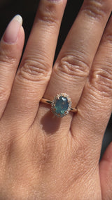 1.63ct Oval Untreated Madagascar Teal Sapphire Antique-Style Diamond Halo Ring in 14k Yellow Gold