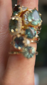 1.50ct Untreated Fantasy Cut Tanzanian Sapphire and Diamond Milgrain Three Stone Low Profile Ring in 14k Yellow Gold