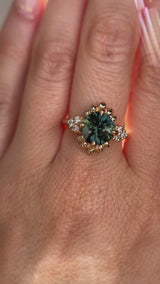 3.10ct Cushion Cut Untreated Umba Teal Green Sapphire Scalloped Diamond Cluster Ring in 14k Yellow Gold