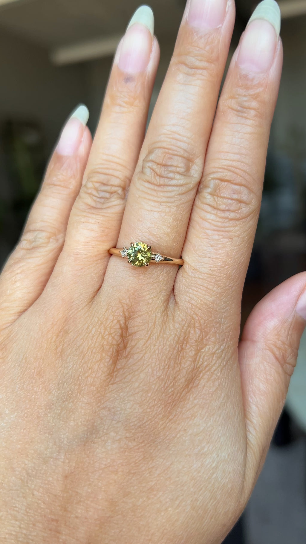 0.85ct Round Light Green Montana Sapphire and Princess Cut Diamond Rapids Low Profile Ring in 14k Yellow Gold