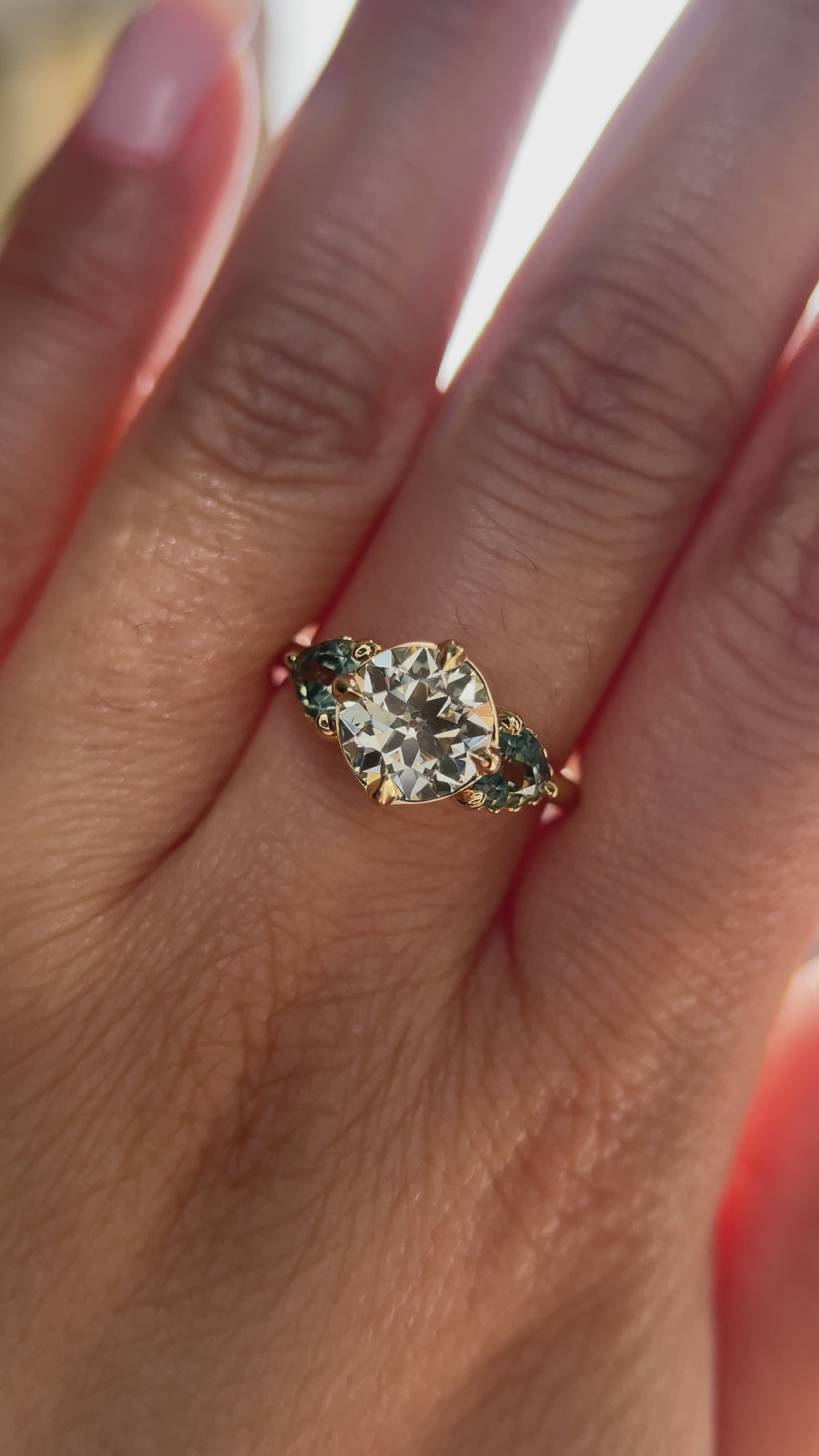 1.64ct Vintage Transitional Cut Diamond and Trillion Australian Sapphire Antique Style Compass Set Low Profile Ring with Scallop Details in 18k Yellow Gold