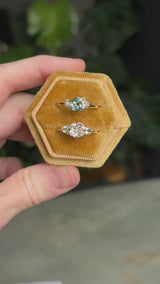 0.96ct Antique Old Mine Cut Diamond and Trillion Seafoam Montana Sapphire Antique Style Compass Set Low Profile Ring with Milgrain in 18k Yellow Gold