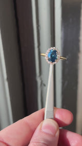 2.56ct Untreated Madagascar Oval Teal Sapphire Antique-Style Diamond Halo Ring in 18k Yellow Gold