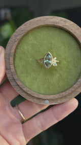 1.82ct Green Untreated Montana Marquise Sapphire in Wandering Vine Low Profile Bezel Setting with Pear Diamond in 14k Yellow Gold