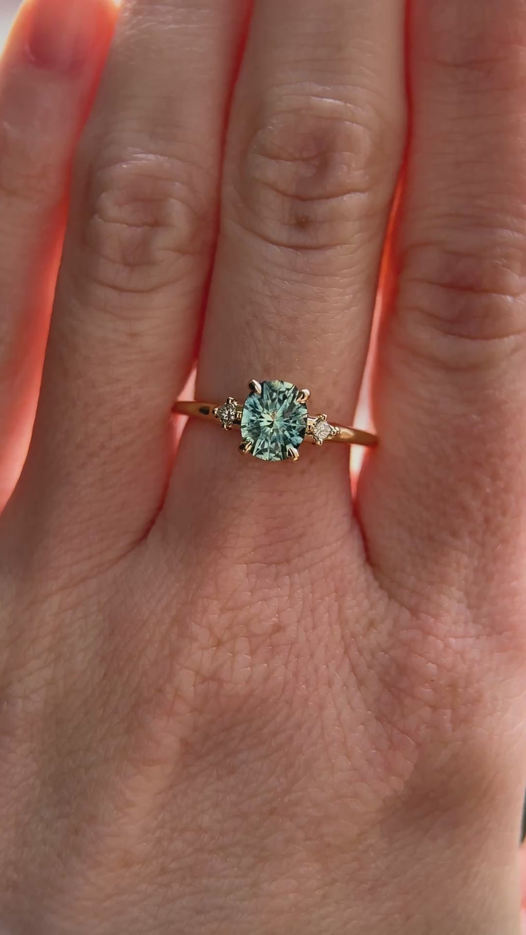 1.20ct Oval Brilliant Teal Montana Sapphire and Princess Cut Diamond Rapids Low Profile Ring in 14k Yellow Gold