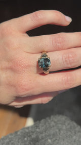 4.86ct Teal Elongated Cushion Sapphire and Salt and Pepper Diamond Three Stone Ring in 14k Yellow