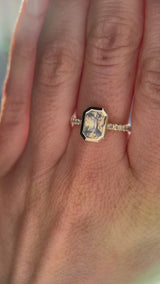 2.10ct Untreated Opalescent Radiant Cut Sapphire Low Profile Bezel Solitaire Ring with Pavé Set Diamonds in 14k Yellow Gold