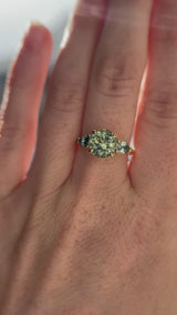 2.75ct Round Untreated Parti Montana Sapphire and Pear Montana Sapphire Three Stone Low Profile Scallop Ring in 18k Yellow Gold